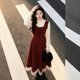 上衣套装 甜美温柔风气质复古红色流苏背心连衣裙女冬季 叠穿打底衫