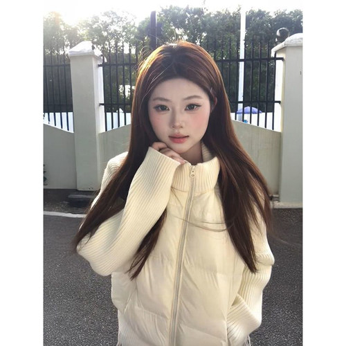 甜美风高级针织袖拼接立领保暖拉链棉服女冬季显瘦轻薄小个子外套