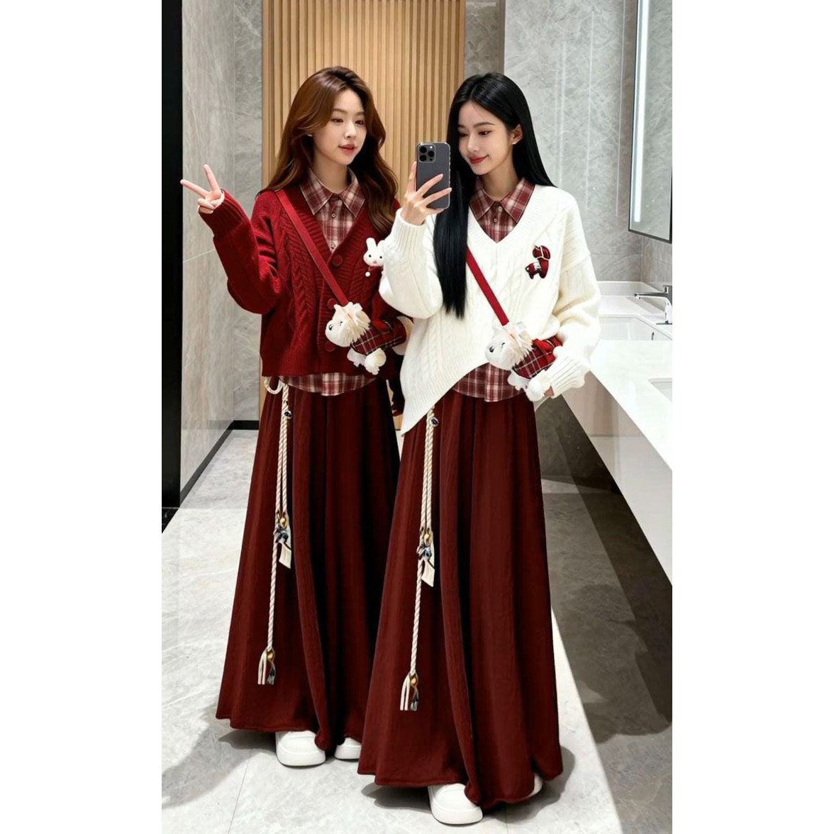 冬季新年约会麻花长袖毛衣搭配红色格子衬衫女高腰半身长裙三件套,女装/女士精品,时尚套装,淘宝优惠券,粉丝福利购,淘宝优惠卷