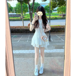 韩系休闲简约穿搭系带短袖 夏季 上衣女学生搭配高腰蛋糕短裙两件套