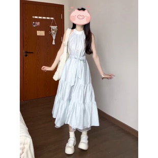 韩系温柔超仙条纹无袖 海边度假风A字长裙子 挂脖连衣裙女夏季 新款