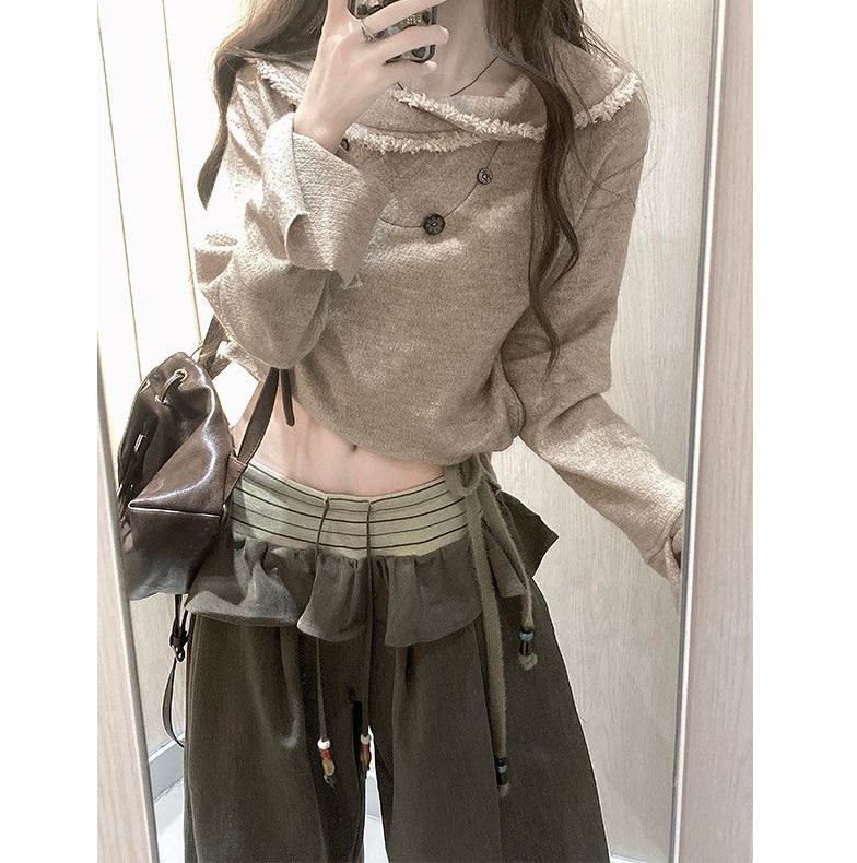 复古时尚风毛边翻领长袖针织卫衣女学生新品荷叶边设计棕色阔腿裤