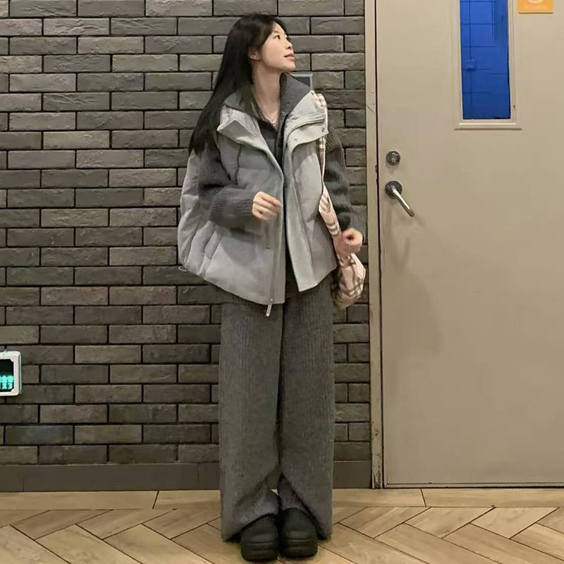 一整套冬季新款长袖百搭毛衣叠穿立领宽松保暖灰色马甲棉服外套女