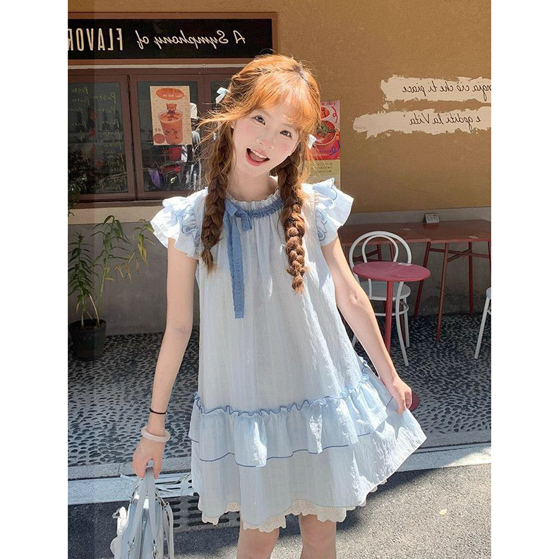 法式甜美清新蓝色蝴蝶结拼接小飞袖连衣裙女夏季宽松显瘦超仙短裙