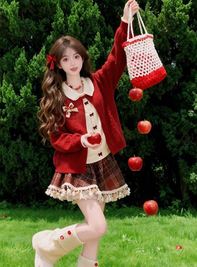 巨好看设计蝴蝶结假两件红色毛衣开衫女冬季格纹流苏边短裙两件套