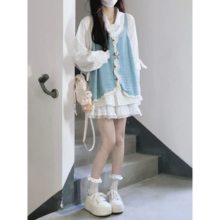 两件套 衬衫 韩系甜妹穿搭蓝色针织吊带开衫 女搭配娃娃领蝴蝶结长袖