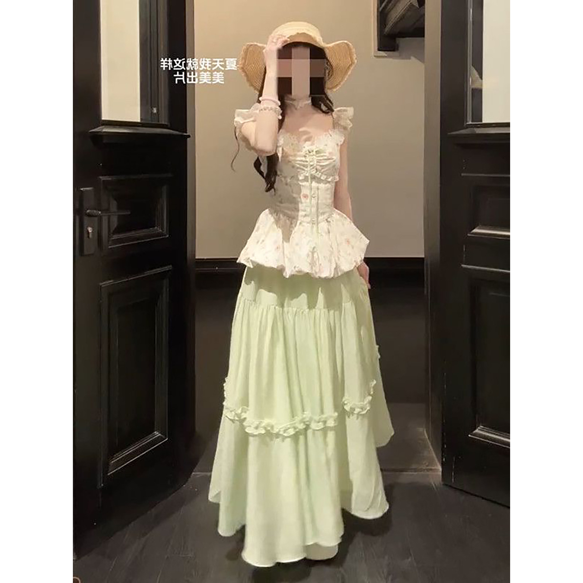 2026夏季新款甜美小清新小飞袖上衣+绿色高腰半身裙女学生两件套