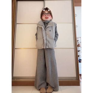 法式慵懒风灰色针织阔腿裤女+高领开衫毛衣+冬季保暖马甲背心外套