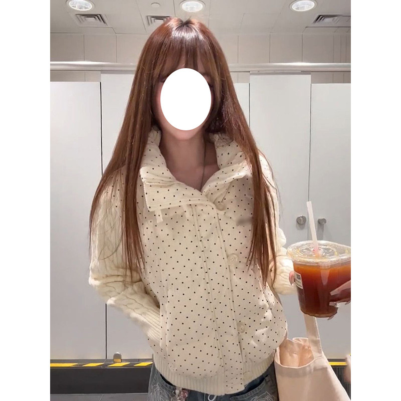 小香风波点拼接针织保暖棉服女2025韩版冬季新款短款立领面包服潮