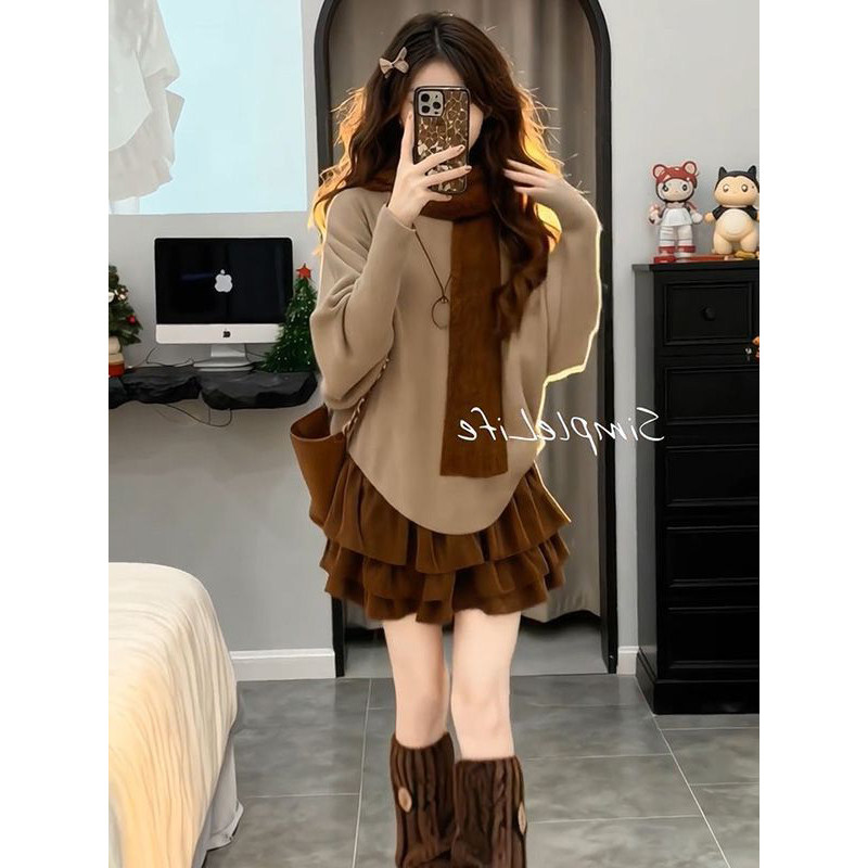 冬日氛围感卡其色宽松毛衣搭配咖色半身裙女2026春秋含围巾三件套,女装/女士精品,时尚套装,淘宝优惠券,粉丝福利购,淘宝优惠卷