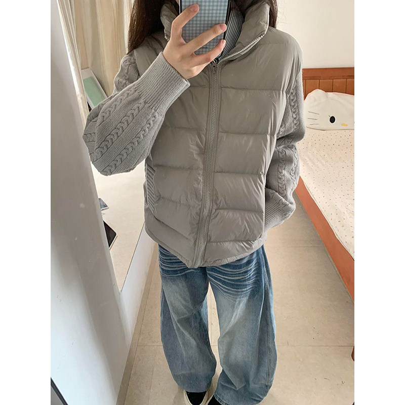 时尚复古风冬日氛围感设计灰色拼接针织棉服外套保暖百搭棉衣学生