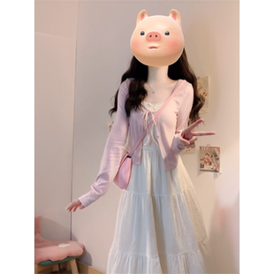 薄款 初恋温柔风白色吊带连衣裙 针织开衫 时尚 女 2024秋季 套装 新款