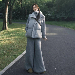 韩系慵懒深冬穿搭一整套针织套装 三件套 女立领棉服马甲毛衣阔腿裤