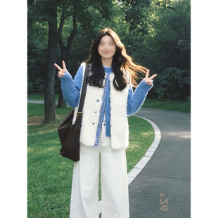 巨好看甜美风蓝色毛衣针织开衫女叠穿羊羔毛保暖马甲外套两件套装