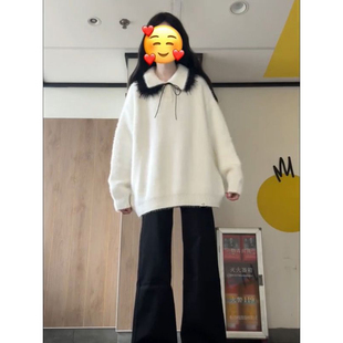 法式学院风舒适软糯撞色可拆卸小毛领毛衣女秋冬宽松套头长袖上衣