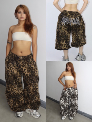 BLACKBOX黑盒子原创豹纹拉链长裤七分裤两穿街头休闲裤男女同款