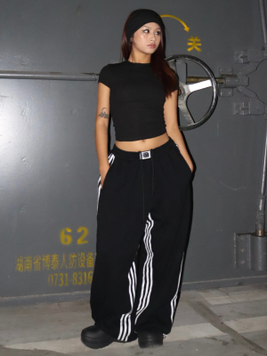 BLACKBOX新品上新黑盒子高街美式条纹运动卫裤欧美街头显瘦阔腿裤