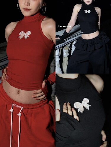 〖新年上衣〗黑盒子原创蝴蝶结镂空蕾丝半高领辣妹修身上衣