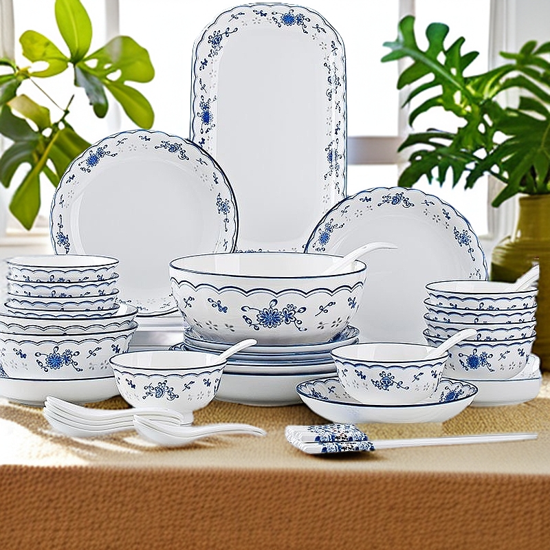 兰蝴蝶10人家用碗盘陶瓷组合餐具高脚碗汤盘面碗汤碗鱼盘套装中式