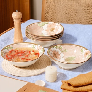 家用陶瓷汤碗斗碗高颜值复古风沙拉碗大号碗耐高温釉下彩印花餐具