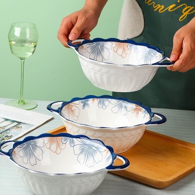 家用陶瓷10英寸浮雕蓝棕大花带耳汤碗大容量蒸蛋面碗防烫北欧餐具