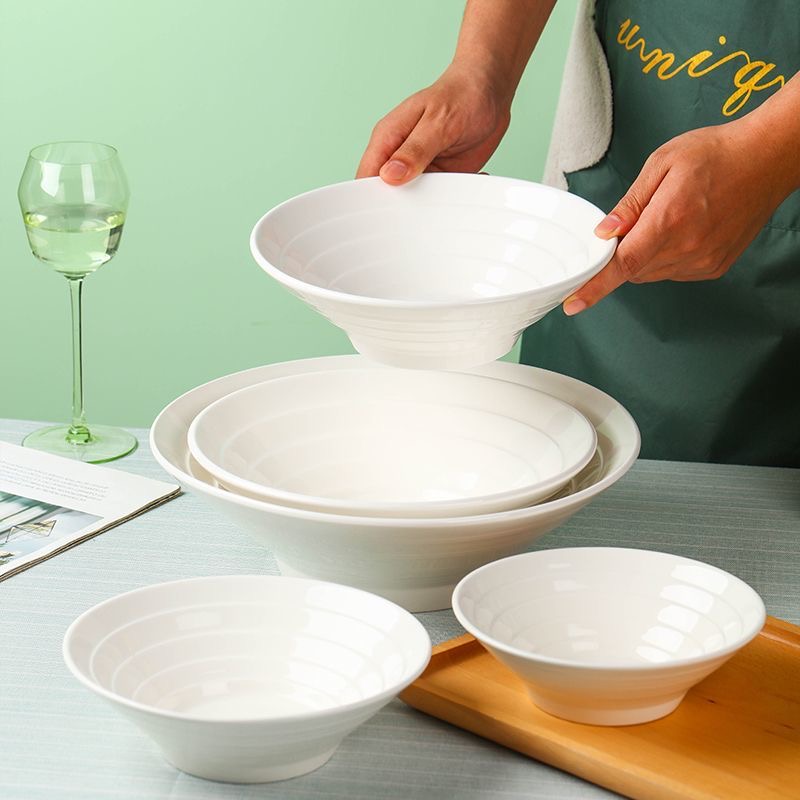 家用简约大容量9-12英寸喇叭碗螺纹斗笠陶瓷大汤碗酒店夜宵大碗
