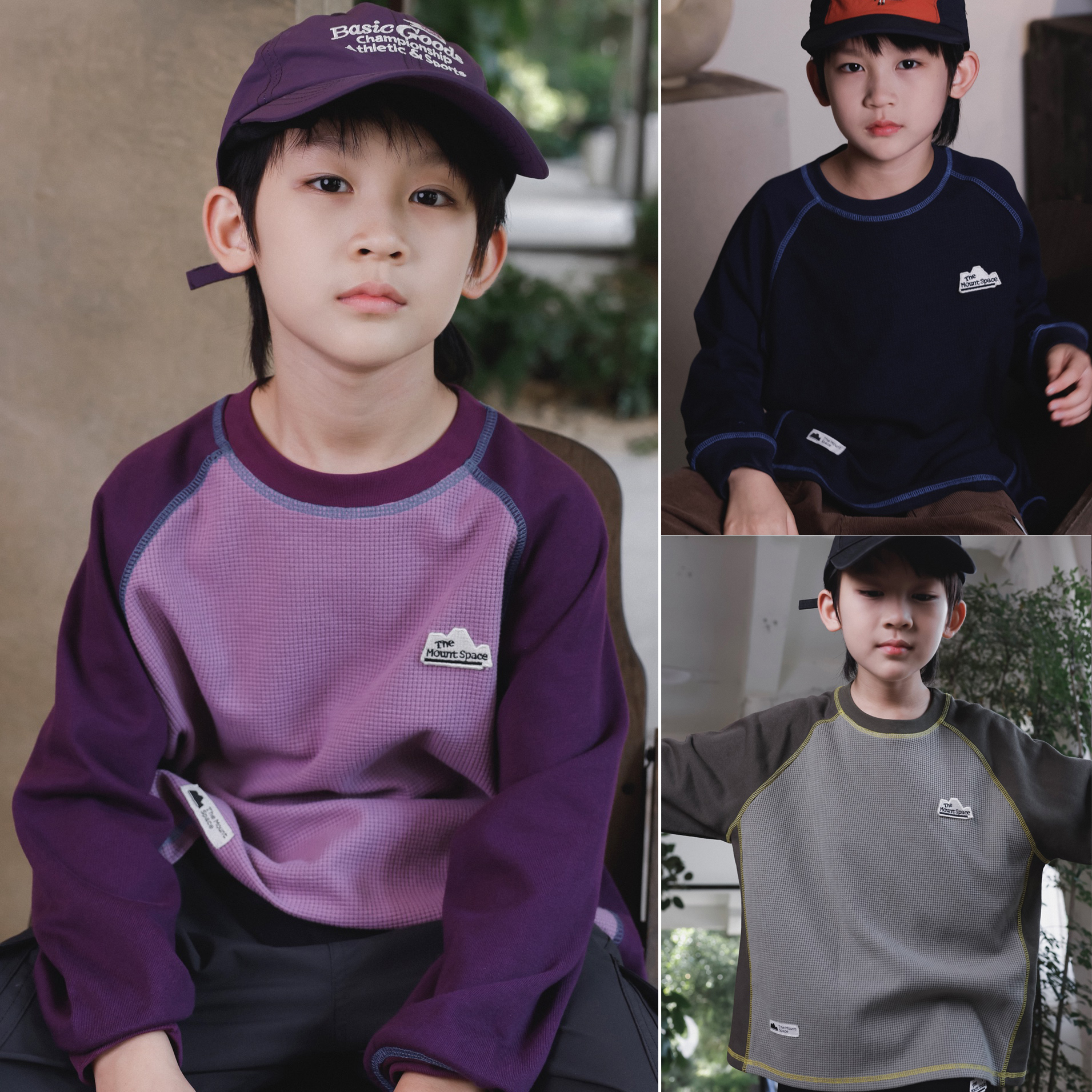 山系儿童华夫格长袖T恤2025秋装男童撞色上衣中大童户外宽松衣服