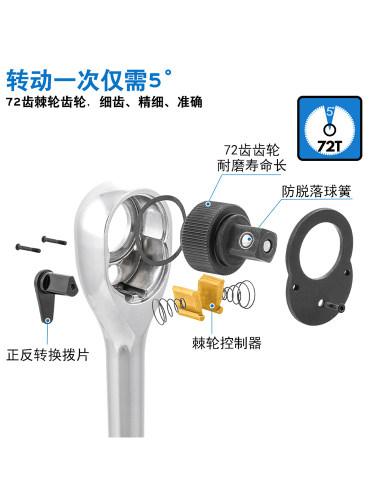 酷安腾72齿快速套筒棘轮扳手大中小飞双向牛角长柄工业级汽修扳手