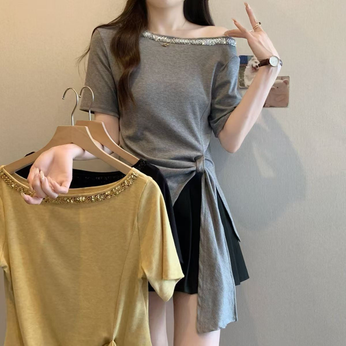 ins纯欲开叉亮片不规则打底短袖t恤女夏修身显瘦绑带时尚上衣