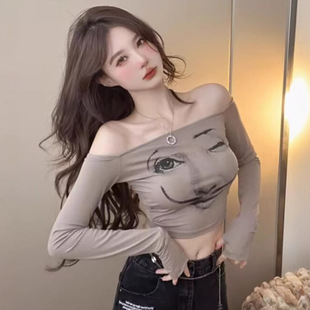 t恤女春秋性感修身 chi純欲辣妹露肩一字領(lǐng)印花長袖 露臍打底上衣