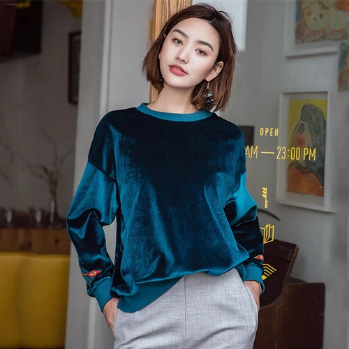 Ретро бархатная трикотажная демисезонная толстовка, в корейском стиле, по фигуре, с вышивкой, китайский стиль, свободный крой