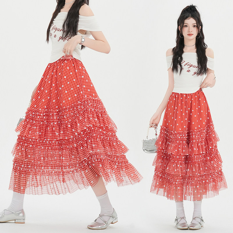 半裙浪漫重工小碎花中长蛋糕裙甜美木耳花边拼接感高腰A字半身裙,女装/女士精品,半身裙,淘宝优惠券,粉丝福利购,淘宝优惠卷