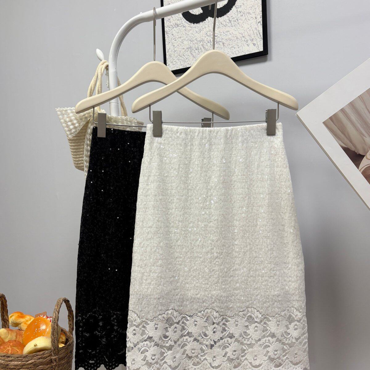 中裙 春夏新款2026法式亮片拼接蕾丝半身裙时髦高级感后开叉中裙