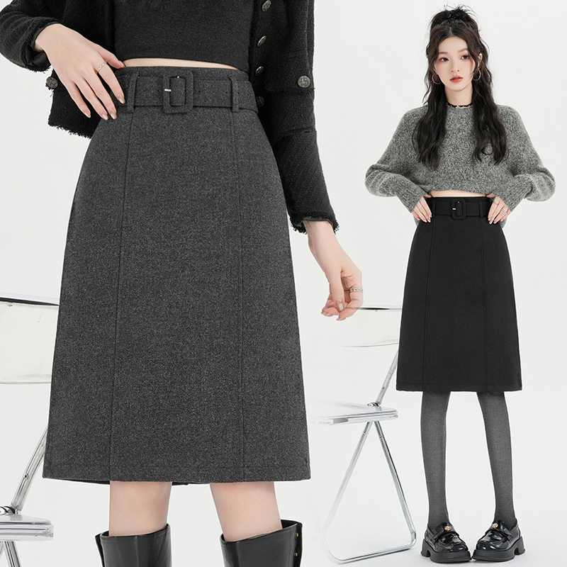 韩版秋冬新款灰色极简风毛呢中裙高腰显瘦百搭通勤气质半身裙