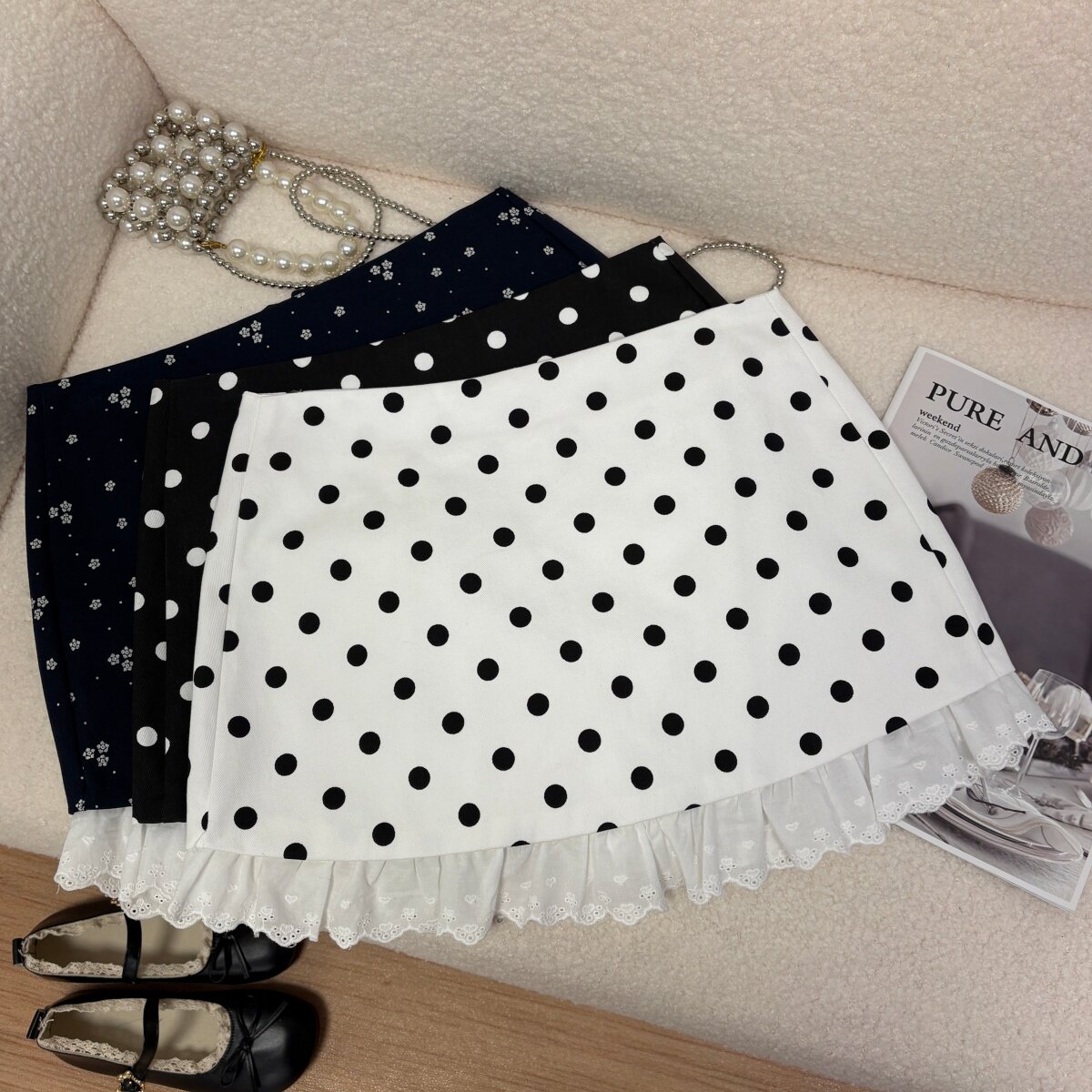 中裙 春季2026新款韩系ins小清新波点拼接花边半身裙甜美a字短裙