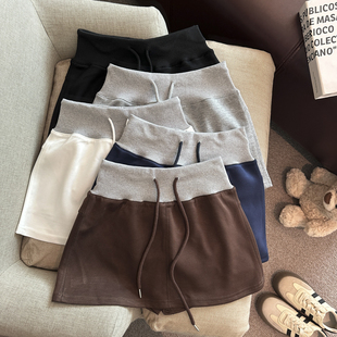 半裙 美式撞色休闲卫衣短裙女2026春夏抽绳高腰自带安全裤半身裙