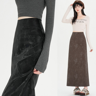 后开叉pu皮半身裙女2025秋冬a字高腰显瘦韩版中长款包臀裙子