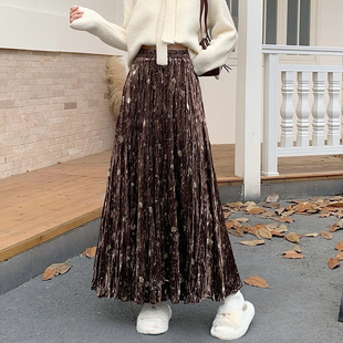 复古新中式 高级感高腰A字百褶半裙 印花褶皱丝绒半身裙女秋冬时尚