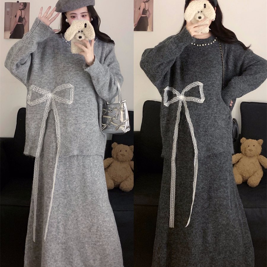 通勤秋冬新款大码女装蝴蝶结设计毛衣上衣+显瘦针织半身裙两件套