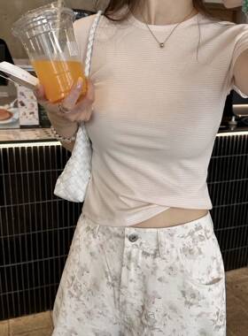 oker章壳儿正品～天丝条纹短袖t恤女夏季修身显瘦纯欲A743
