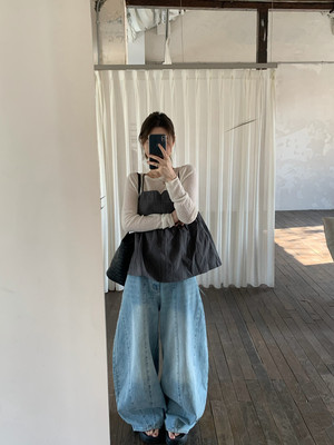 FOCUSE正品～牛仔裤弯刀水洗阔腿长裤纯棉韩系简约百搭26春季新款