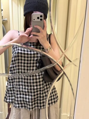 Low flat正品～格子吊带背心女夏季新款100%亚麻宽松显瘦无袖上衣