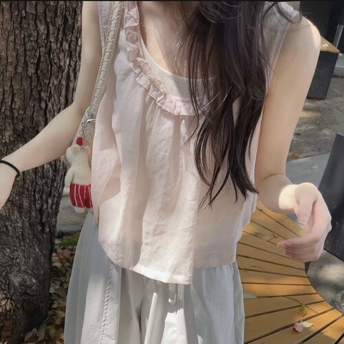 AMIDI正品～花边苎麻背心粉色氛围感韩系叠穿+白色背心内搭