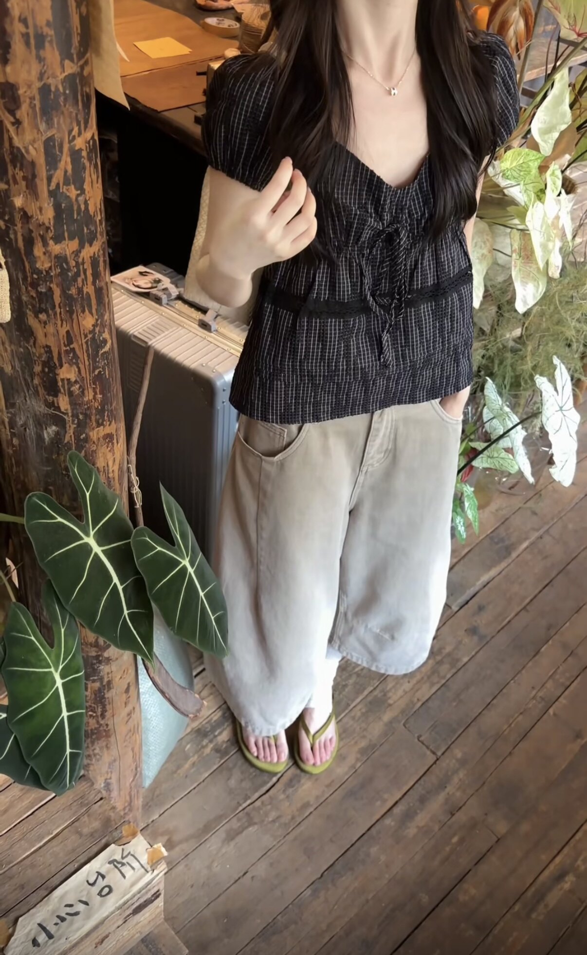 AMIDI正品~小衫格纹短袖衬衫v领绑带夏季+牛仔休闲宽松裤子