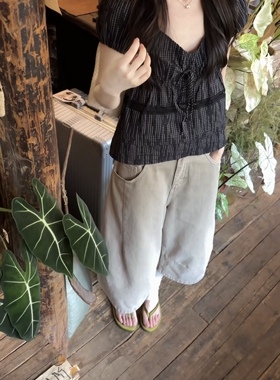 AMIDI正品～小衫格纹短袖衬衫v领绑带夏季+牛仔休闲宽松裤子