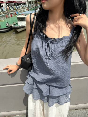 LOST LAND正品～荷叶边吊带背心韩系纯色简约高级上衣26夏季新款