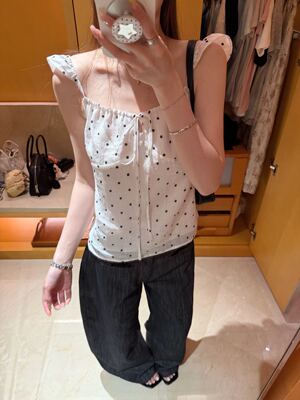 oker章壳儿正品～100%苎麻波点上衣小飞袖短款百搭韩系26夏季A798