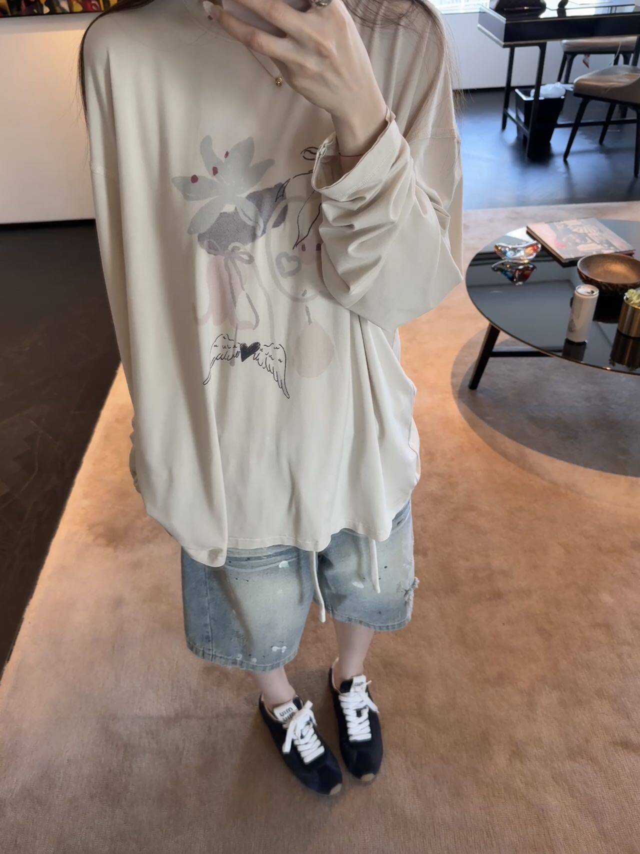 oker章壳儿оригинал ~ Футболка с принтом круглый вырез длинный рукав корейский стиль универсальная свободная повседневная весна 26 A409