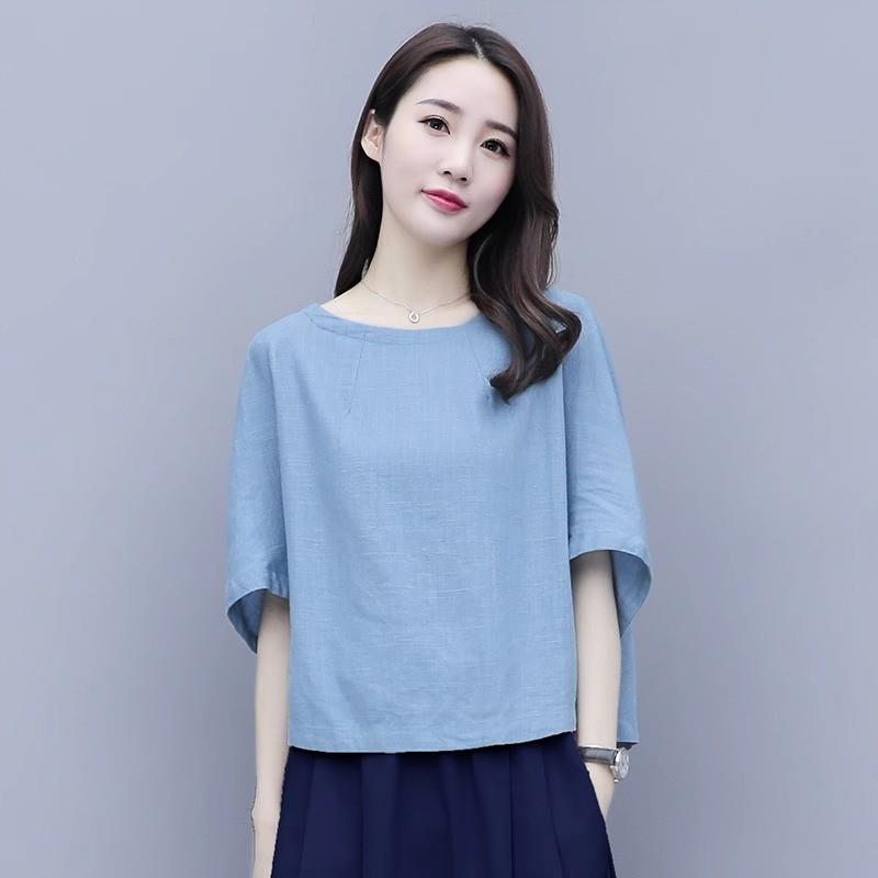 大码棉麻女装衬衫2025夏装新款短袖T恤女宽松显瘦减龄亚麻上衣潮