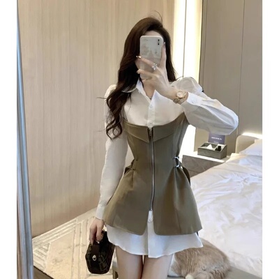 法式衬衫连衣裙女春秋2024新款设计感小众拼接收腰显瘦假两件